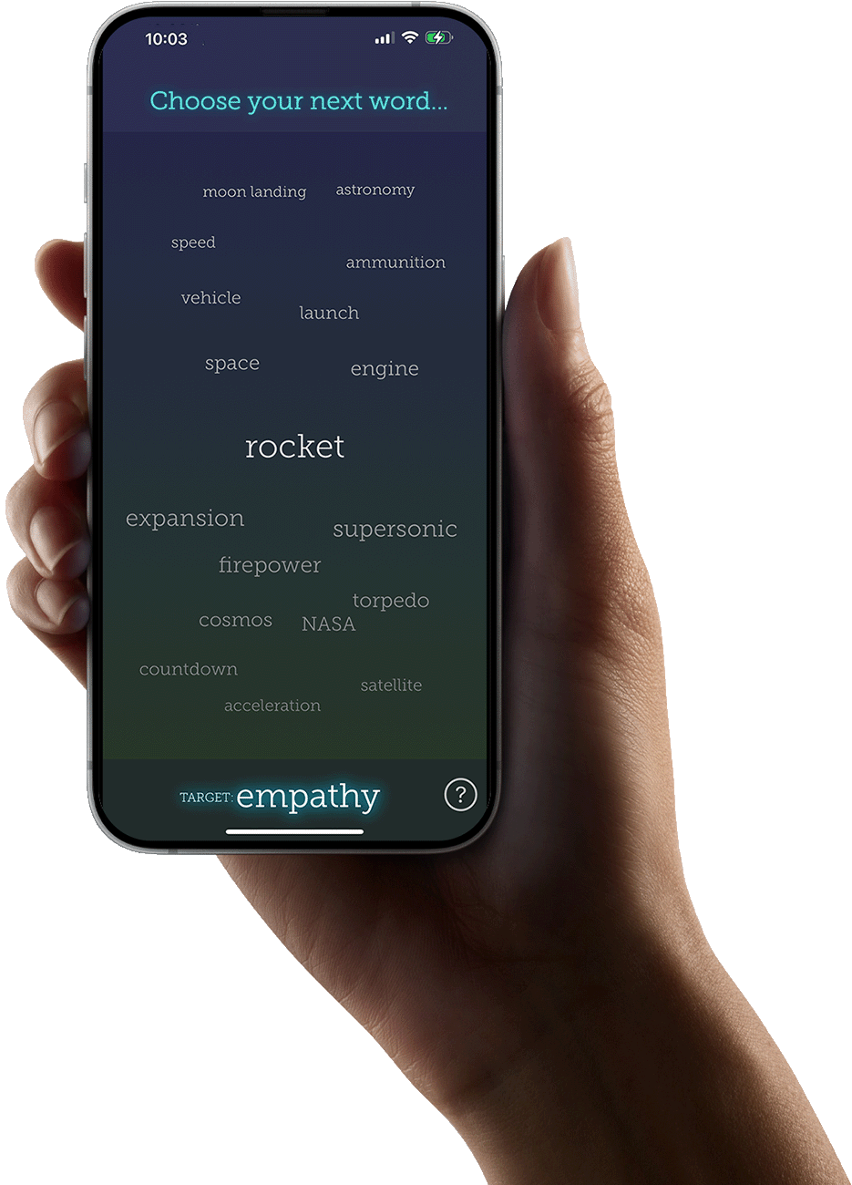 A hand holding a smartphone displaying 'In Other Words,' a semantic word puzzle game. The screen prompts the player to choose the next word from a web of 17 related terms, with 'rocket' at the center and a target word of 'empathy' at the bottom.