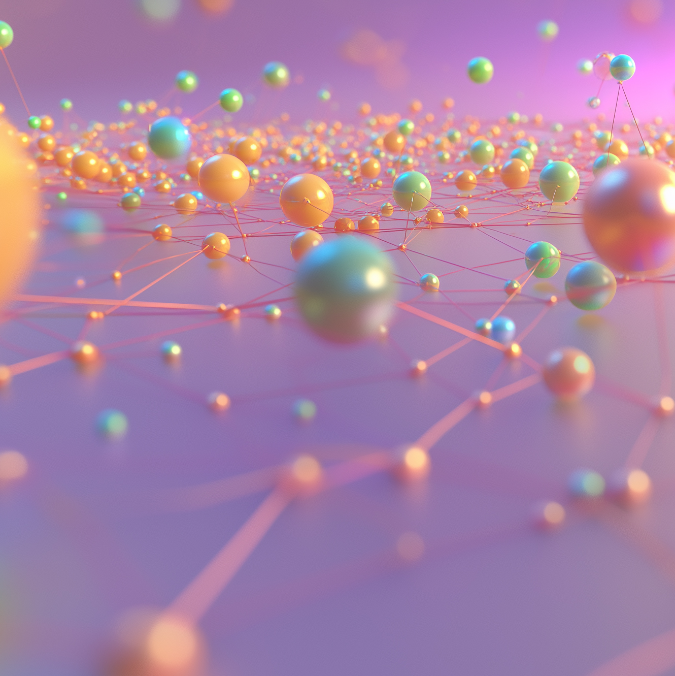 A 3D network diagram with hundreds of matte rainbow-colored spheres, serving as focal points. Hundreds of nodes are scattered throughout a 3D space, forming a dense and intricate network. Multiple glowing, electrified paths in neon blue and purple connect some spheres, branching dynamically through select smaller nodes. Neutral, unlit paths extend outward from the smaller nodes, creating depth and structure. The design is clean and technical, with a flat magenta background emphasizing the futuristic and interconnected aesthetic.